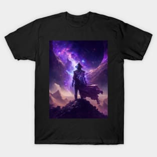 A mysterious figure looking at a sky filled with cosmic debris - Mind Blowing Moment #9 T-Shirt